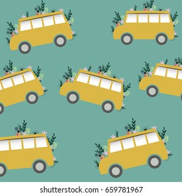 Floral Summer pattern with yellow school bus.Vintage design.For textile,t-shirt graphics,wallpaper,web and interior design.Vector illustration.