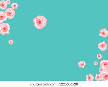 Floral Summer Poster With Pink Roses On A Blue Background. Romantic Background With Roses For Wedding And Greeting For Valentine's Day.