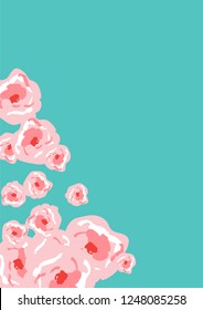 Floral Summer Poster With Pink Roses On A Blue Background. Romantic Background With Roses For Wedding And Greeting For Valentine's Day.