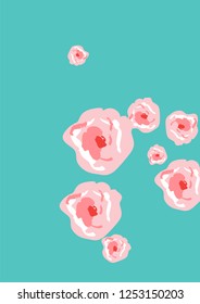 Floral Summer Poster With Pink Roses On A Blue Background. Romantic Background With Roses For Wedding And Greeting For Valentine's Day.