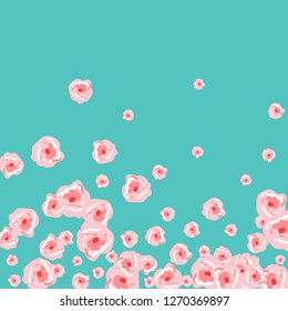 Floral Summer Poster With Pink Roses On A Blue Background. Romantic Background With Roses For Wedding And Greeting For Valentine's Day.