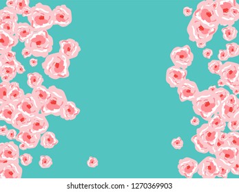 Floral Summer Poster With Pink Roses On A Blue Background. Romantic Background With Roses For Wedding And Greeting For Valentine's Day.