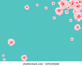 Floral Summer Poster With Pink Roses On A Blue Background. Romantic Background With Roses For Wedding And Greeting For Valentine's Day.