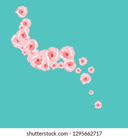 Floral Summer Poster With Pink Roses On A Blue Background. Romantic Background With Roses For Wedding And Greeting For Valentine's Day.