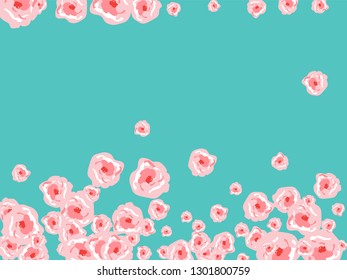 Floral Summer Poster With Pink Roses On A Blue Background. Romantic Background With Roses For Wedding And Greeting For Valentine's Day.