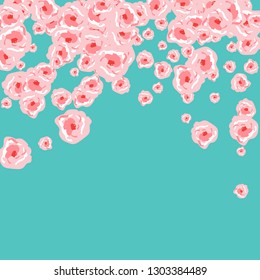 Floral Summer Poster With Pink Roses On A Blue Background. Romantic Background With Roses For Wedding And Greeting For Valentine's Day.