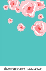 Floral Summer Poster With Pink Roses On A Blue Background. Romantic Background With Roses For Wedding And Greeting For Valentine's Day.