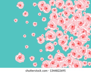 Floral Summer Poster With Pink Roses On A Blue Background. Romantic Background With Roses For Wedding And Greeting For Valentine's Day.