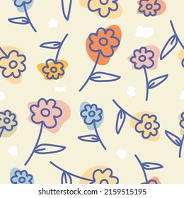 Floral summer quirky design outline style seamless vector pattern playful design. Fabric and card print. Background decoration.