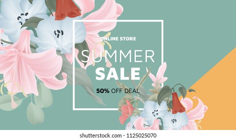 Floral summer sale banner template design, bouquets of pink lilies, blue Nemophila, Curcuma alismatifolia and red Lapageria rosea on green and orange background, pastel theme