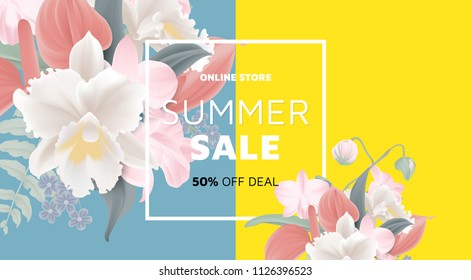 Floral summer sale banner template design, bouquets of orchid, pink Dendrobium orchid, white Cattleya orchid, red Anthurium flowers and fern on blue and yellow background, pastel theme