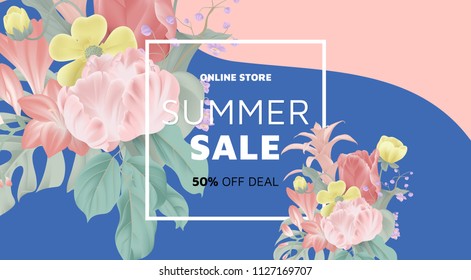 Floral summer sale banner template design, bouquets of tulips, red freesia, purple Thalictrum delavayi and split-leaf Philodendron on pink and blue background, pastel theme
