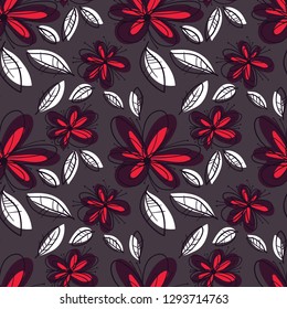 Floral summer seamless pattern.  Background with flowers and leaves in line art doodle style. Design element for wallpapers, textile, fabric, surfaces