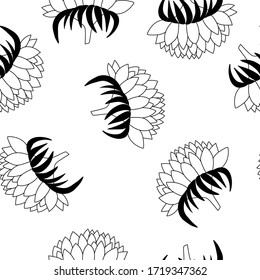 Floral summer seamless pattern with black sunflowers silhouette on white background. Cartoon style. Design for fabric, textile, posters, card, paper. Hand drow flowers. Vector illustration.