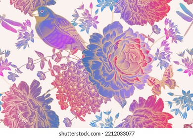 Floral Summer Seamless Pattern. Blooming flowers, birds and butterflies on white background. Roses, peonies, hydrangea. Vintage Template for paper, wallpapers, textiles. Vector illustration.