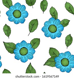 Floral summer seamless pattern with blue flowers and green leaves on white background. Tropic ornament. vector illustration for fabric, textile, wallpaper, posters, paper. Fashion print. Doodle style.
