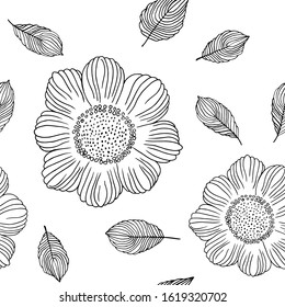 Floral summer seamless pattern with flowers and leaves on white background. Tropic ornament. Outline vector illustration for fabric, textile, wallpaper, posters, paper. Fashion print. Doodle style. 