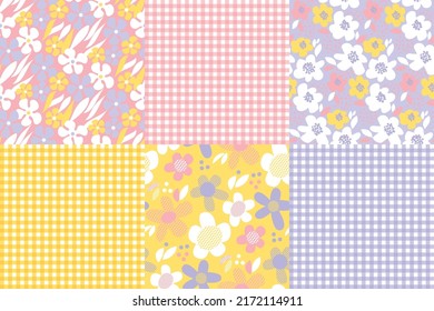 Floral summer seamless pattern in pastel colors. Yellow, blue and rosy color summer pattern with simple flowers and plaid. Vector repeatable motif with for textile, fabric, sublimation, print, web.