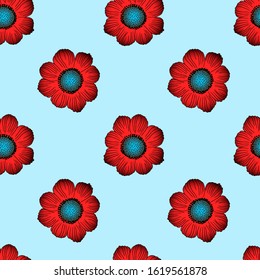 Floral summer seamless pattern with red flowers on blue background. Tropic ornament.  Vector illustration for fabric, textile, wallpaper, posters, paper. Fashion print. Doodle style. 