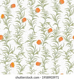Floral summer seamless pattern with vertical decorative elements of leaves and orange flowers. Abstract textured light background.