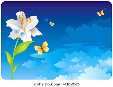 Floral summer or spring background with blue sunny sky, white clouds, yellow butterfly and white lily flower icon