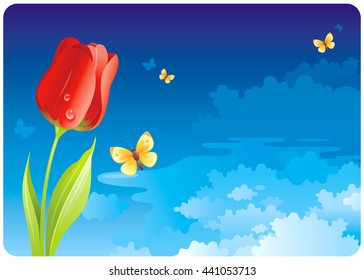 Floral summer or spring background with blue sunny sky, white clouds, yellow butterfly and red tulip flower icon