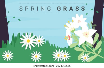 Floral summer or spring grass landscape with flowers and blue sky. background