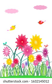 Floral summer or spring landscape ladybug,dragonfly and flying birds vector illustration