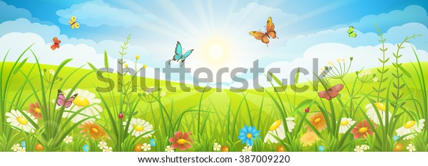 Floral summer or spring landscape, meadow\
with flowers, blue sky and\
butterflies