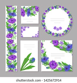Floral summer templates with cute meadow flowers and herbs. Stylized cards of meadow flowers. For romantic design, announcements, greeting cards, posters, advertisement.