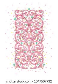 Floral summer vignette. Eastern motifs. Vibrant pink illustration, flower garland. Coral color element. Spring leaves and flowers. Floral border. Decoration for invitations, cards, backgrounds.