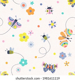 Floral summer whimsical insects Scandinavian childish seamless pattern. Modern vector background with colourful decorative Butterfly Ladybug Bee Daisy Flower. Bloomy meadow boho baby print design