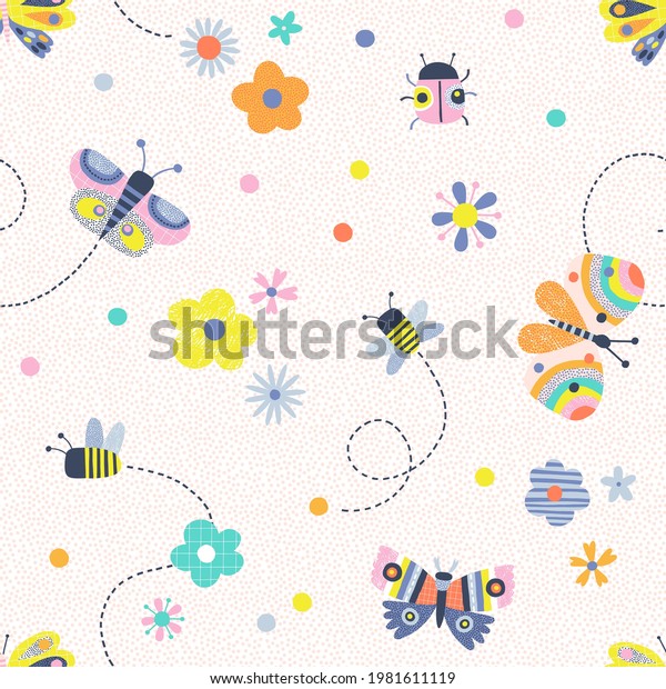 Floral summer whimsical insects Scandinavian\
childish seamless pattern. Modern vector background with colourful\
decorative Butterfly Ladybug Bee Daisy Flower. Bloomy meadow boho\
baby print design