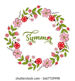 Floral summer wreath with ladybugs and the inscription summer in flat style