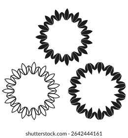 Floral sun icon. Decorative round vector. Spiked bloom shape. Black outline detail.