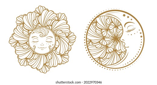 Floral sun and moon illustrations. Temporary tattoo set, fahion prints, nursery decoration.