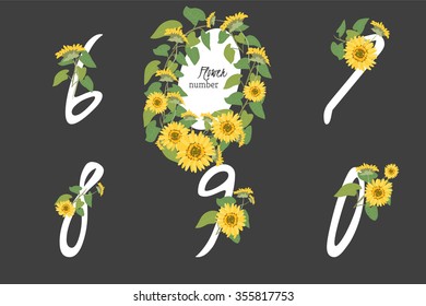 Floral sunflower  collection numbers in vintage color. Six, seven, eight, nine, zero- signs vector