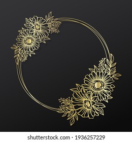 Floral sunflower frame wreath circle.Ink line style.Flower leaf botanical round design.Vector illustration.