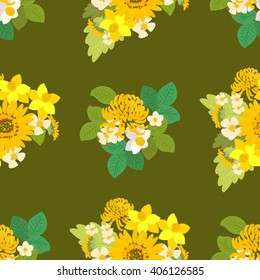 Floral  sunflower, narcissus, chrysanthemum background vector illustration. Sprig background, floral greeting card