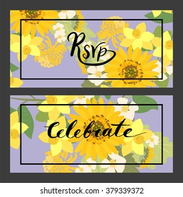 Floral sunflower, narcissus, strawberry flowers retro vintage background, vector illustration