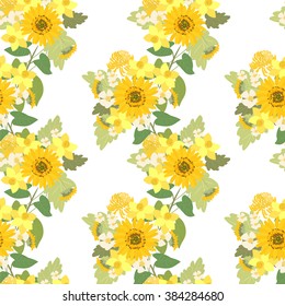 Floral sunflower, narcissus, strawberry flowers retro vintage background, vector illustration
