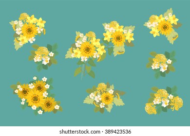 Floral sunflower, narcissus, strawberry flowers retro vintage background, vector illustration