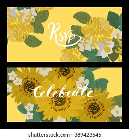 Floral sunflower, narcissus, strawberry flowers retro vintage background, vector illustration