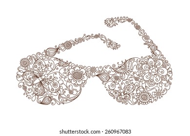 Floral sunglasses. Illustration with linear floral elements and patterns isolated on white background. 