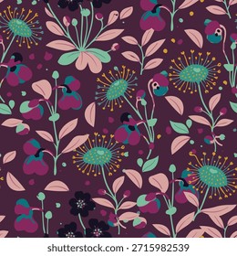 Floral surface design featuring hand drawn wild blooms and leaves for textile printing and commercial packaging.