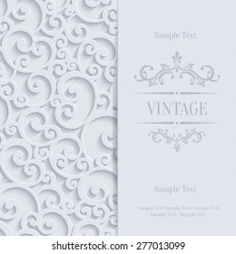Floral Swirl Background with 3d Curl Damask Pattern for Wedding or Invitation Card. Vector White Vintage Design