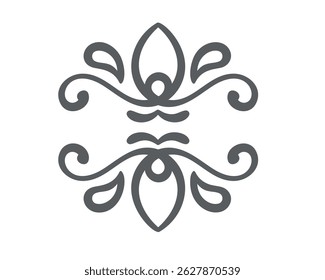 Floral swirl ornament with mirrored curving shapes and teardrop leaves. Minimal black outline on white. Vector illustration for borders, frames, logos, or wedding design.