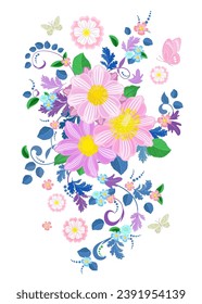 floral swirl pattern with blue leafy twigs and pink flowers surrounded by flying butterflies. 