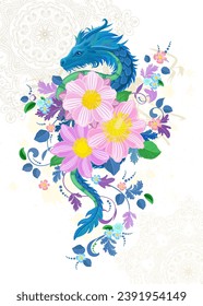 floral swirl pattern with blue serpent and pink flowers. Mythology animal dragon. fantasy creature surrounded by plants and blooms