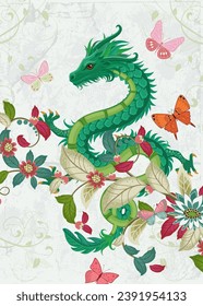 floral swirl pattern with green dragon in fancy flowers and flying butterflies. Mythology animal. fantasy creature surrounded by plants and blooms against grungy shabby chic paper background